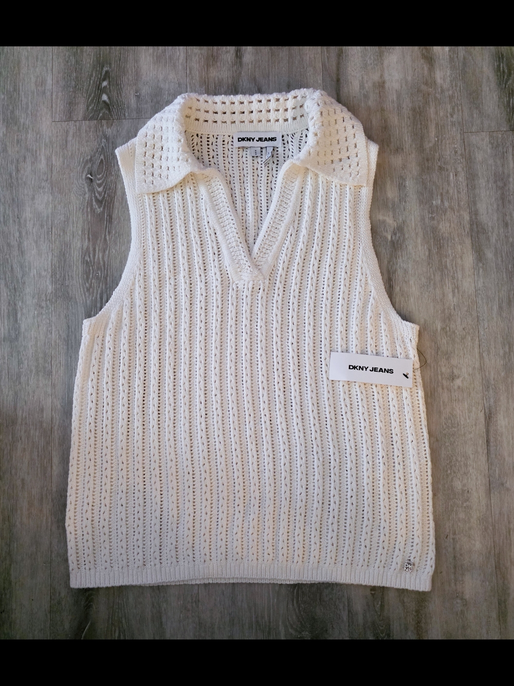 DKNY Jeans NWT Open Stitch Crochet Knit Polo Sweater Vest Ivory M